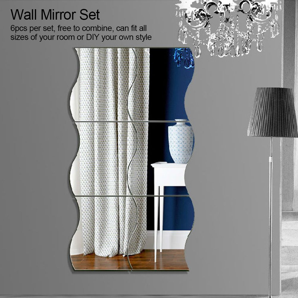 6Pcs/Set Waves Shape Wall Mirror Sticker Free Combination Home Bathroom Decor