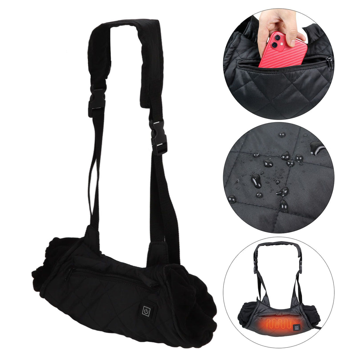 Electric Hand Warming Muff Temperature Controllable Waterproof Quilted Cotton Heated Hand Pouch for Winter Black