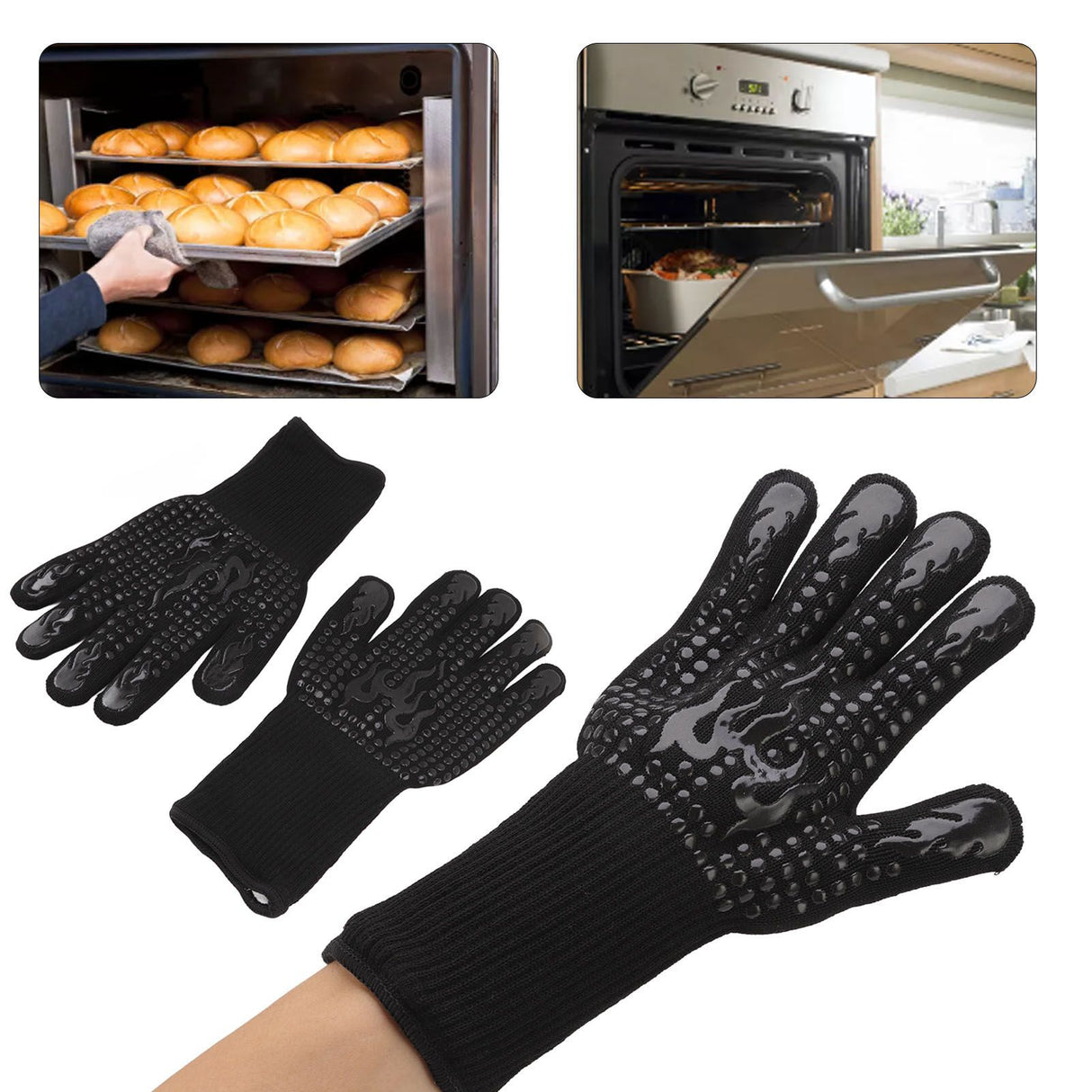 2 Pcs Heat Resistant Gloves Thermal Isolation High Temperature Resistant Anti Slip Washable Silicone Knitted Oven Mitts Free Size Black