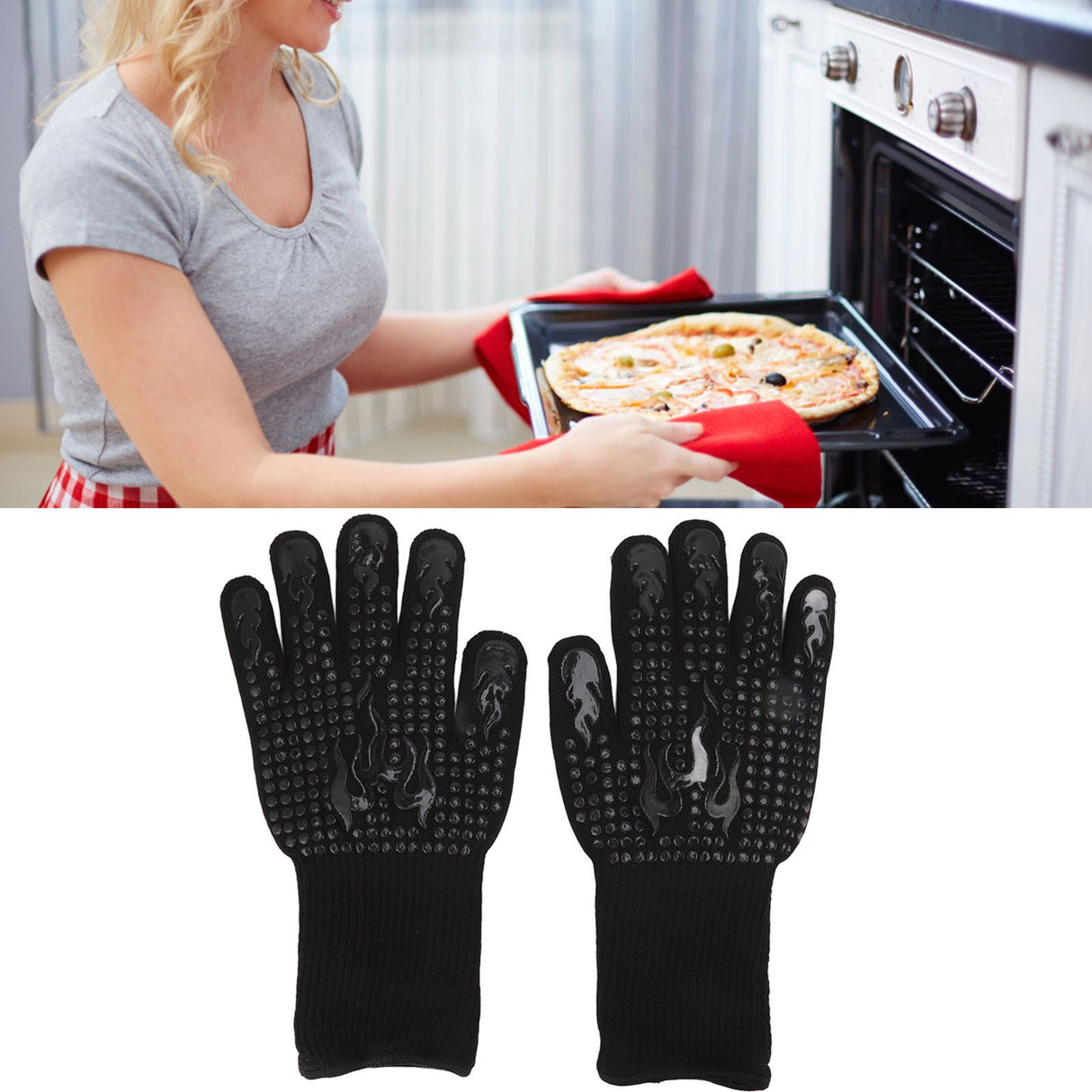 2 Pcs Heat Resistant Gloves Thermal Isolation High Temperature Resistant Anti Slip Washable Silicone Knitted Oven Mitts Free Size Black