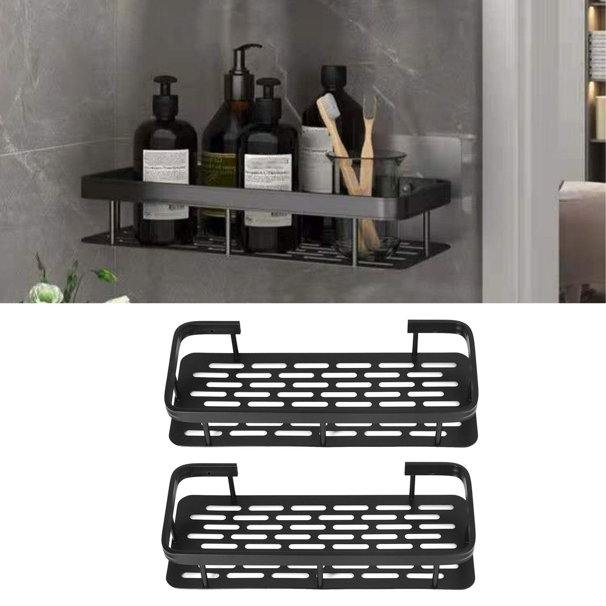 Shower Caddy Double Layer Rectangle Shape Space Saving Aluminum Punching Free Installation Bathroom Supplies for Home Black