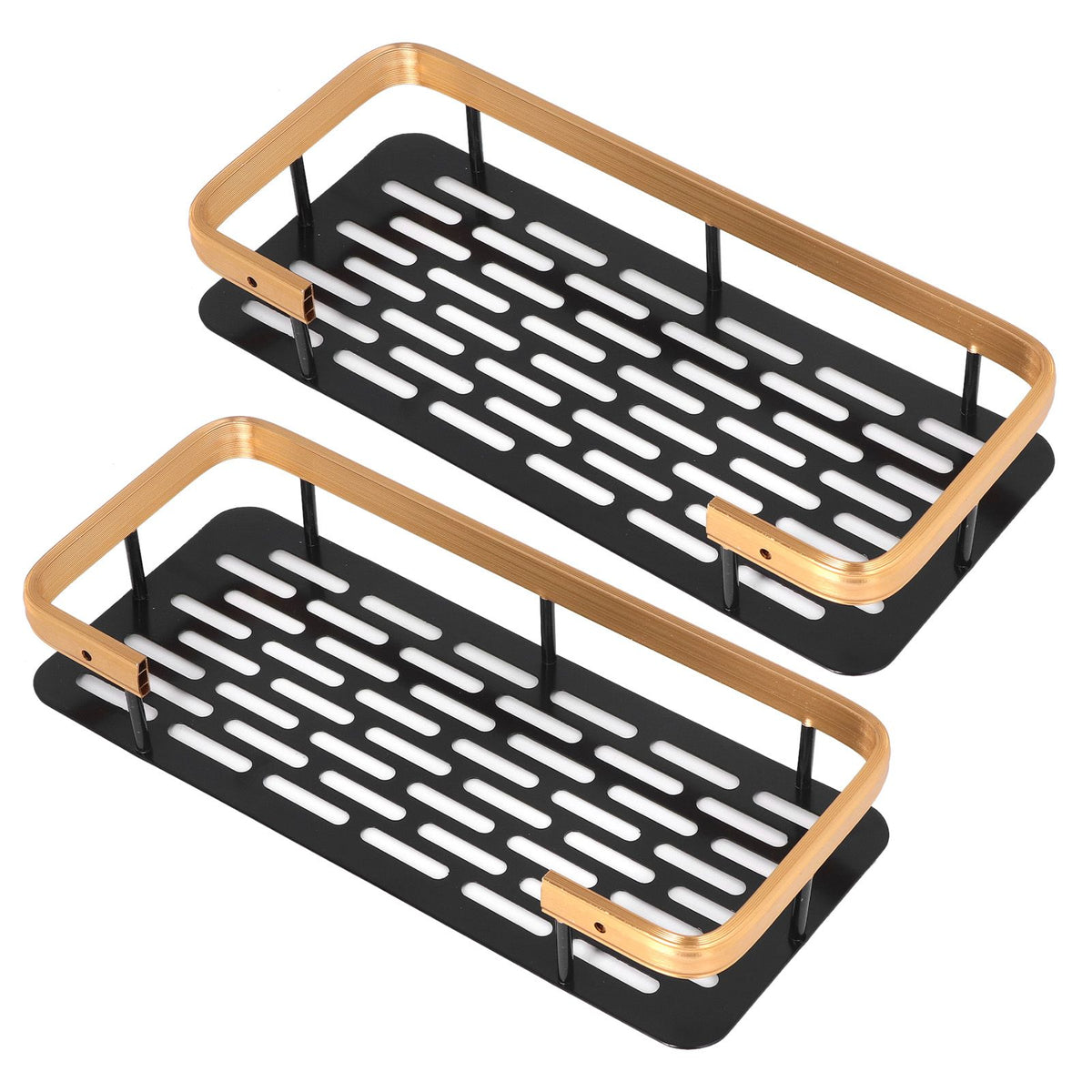 Shower Caddy Double Layer Rectangle Shape Space Saving Aluminum Punching Free Installation Bathroom Supplies for Home Black Gold