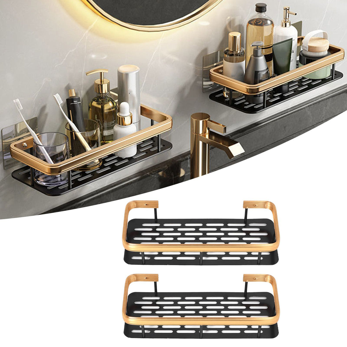 Shower Caddy Double Layer Rectangle Shape Space Saving Aluminum Punching Free Installation Bathroom Supplies for Home Black Gold