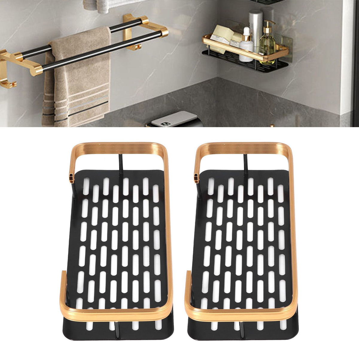 Shower Caddy Double Layer Rectangle Shape Space Saving Aluminum Punching Free Installation Bathroom Supplies for Home Black Gold