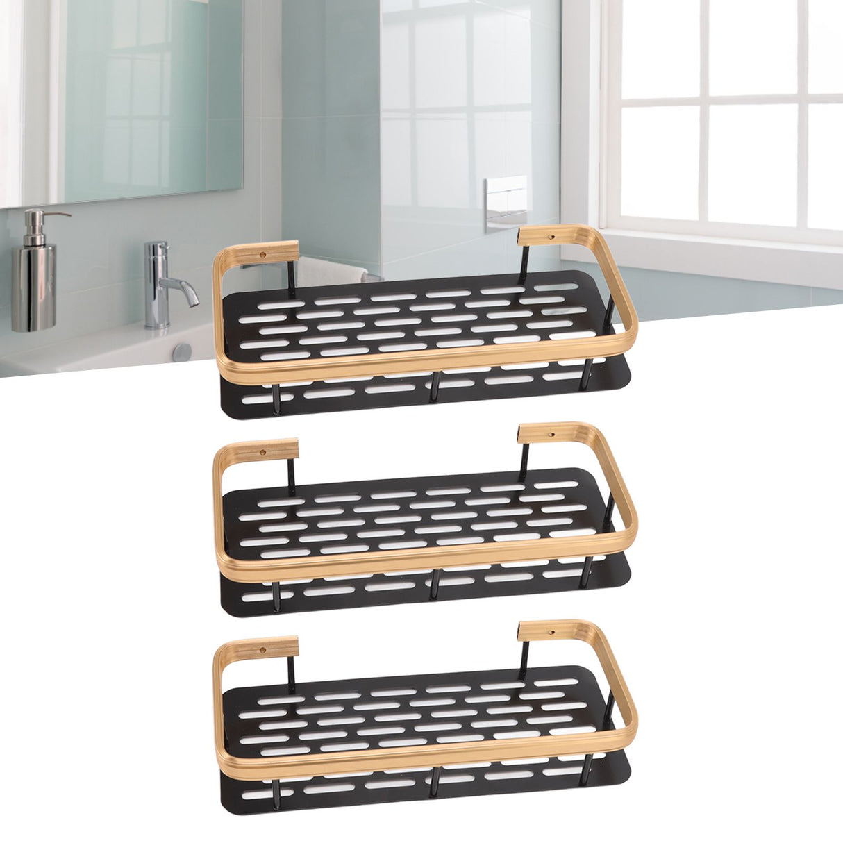 Shower Storage Rack 3 Layers Punch Free Rectangle Aluminum Shower Shelf Basket for Home Bathroom Black Gold