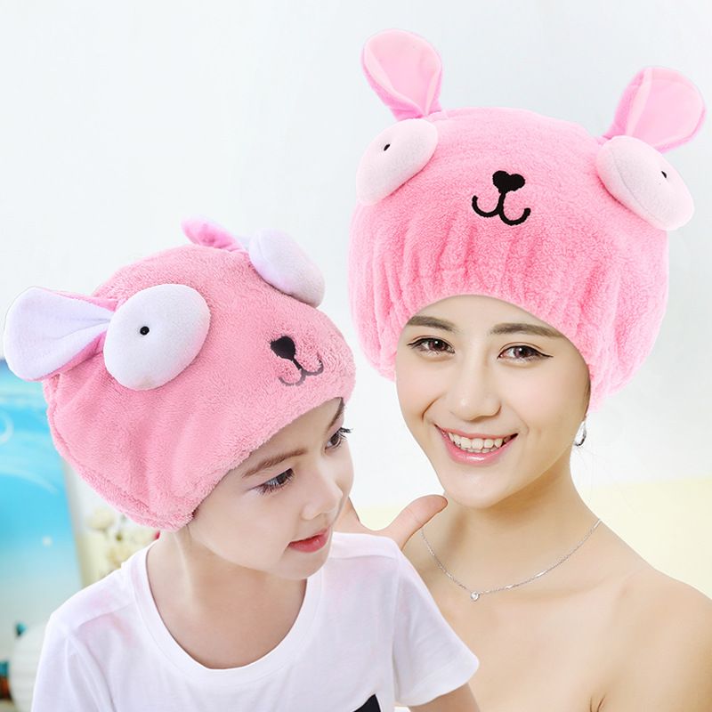 Quick Dry Hair Hat Elastic Strong Water Absorption Fine Fiber Skin Friendly Cartoon Hair Drying Towel Pink