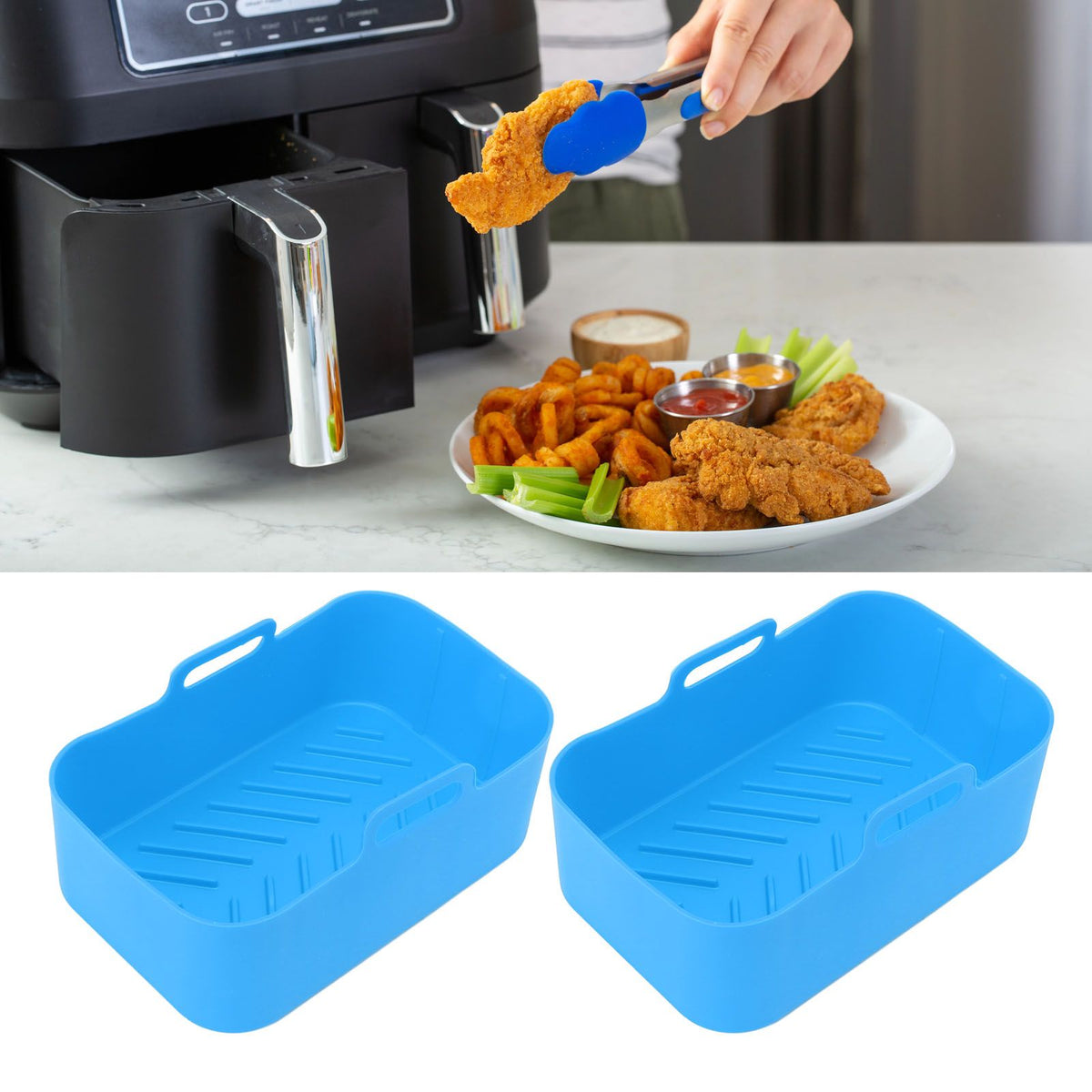 2pcs Fryer Silicone Basket Nonstick High Temperature Resistanc Fryer Liner with Brush for Ninja DZ201 Foodi 8QT Blue