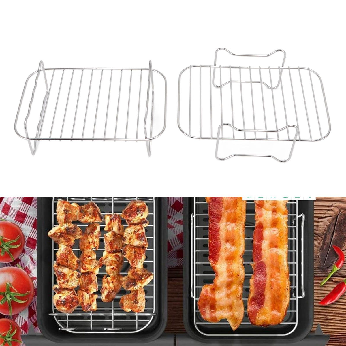 Fryer Rack Stainless Steel Skewer Rack Fryer Steaming Rack with Anti Scalding Clip Skewer for NINJA FOOD 8QT