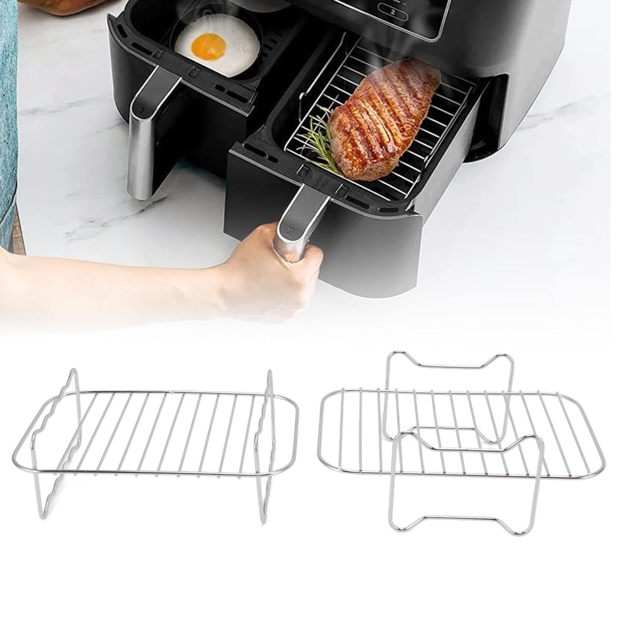 Fryer Rack Stainless Steel Skewer Rack Fryer Steaming Rack with Anti Scalding Clip Skewer for NINJA FOOD 8QT