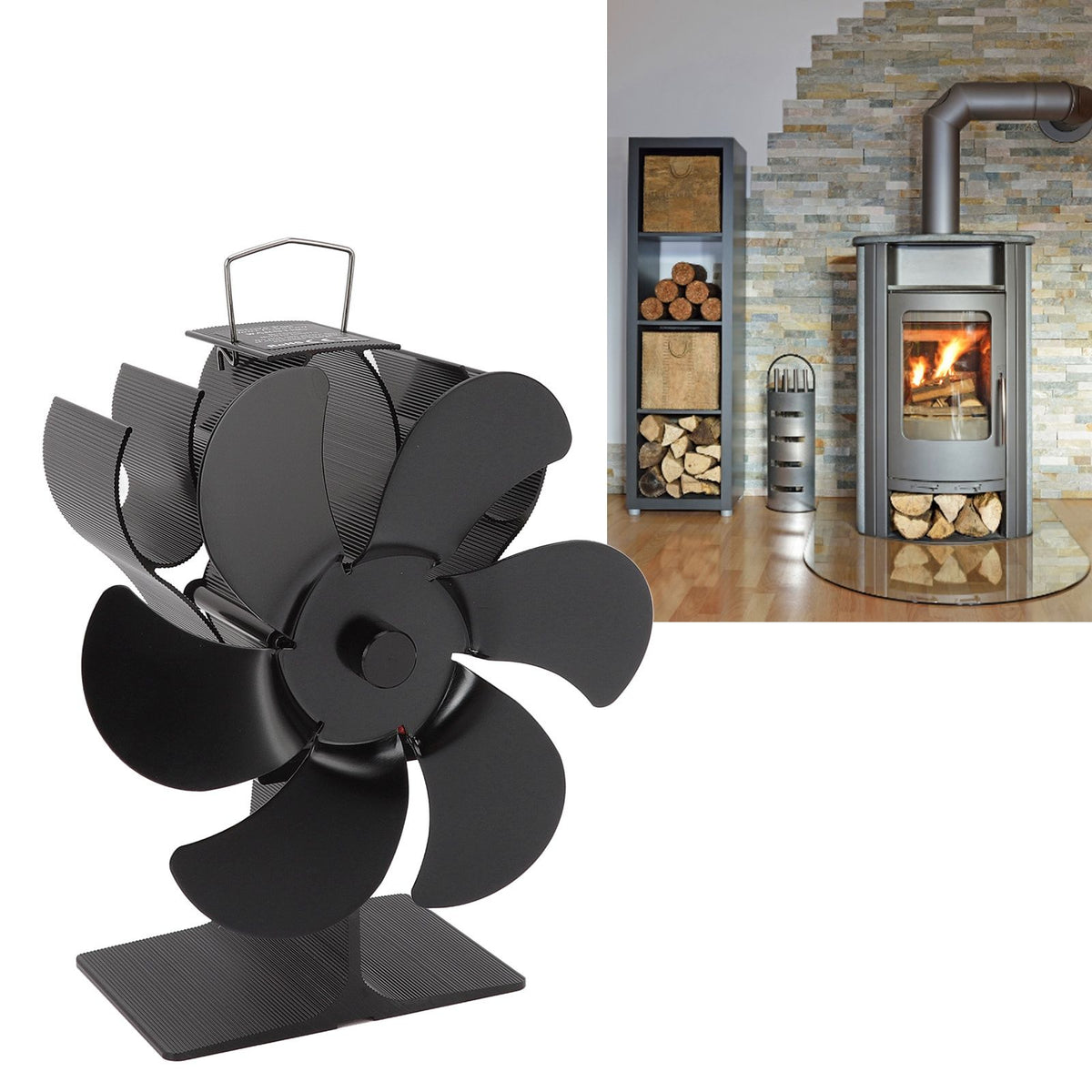 6 Blade Stove Fan Black Self Starting High Temperature Resistant Heat Powered Stove Fan for Home 152mm