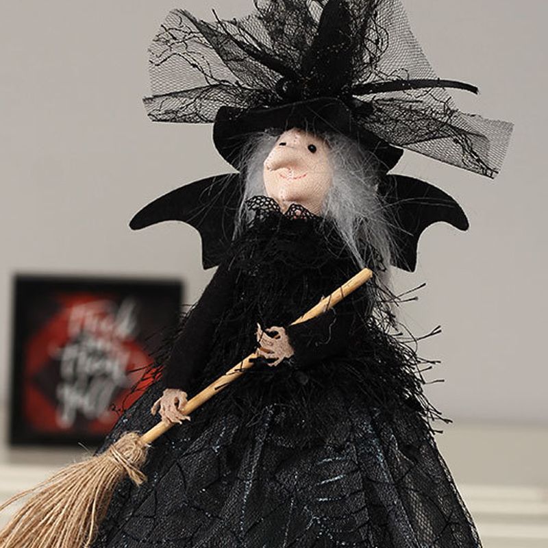 Halloween Decoration Witch Doll Dressed in Gauzy Skirt with Besom Desktop Decor Ornaments for Party Props Black