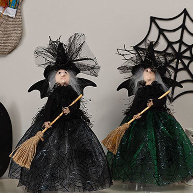 Halloween Decoration Witch Doll Dressed in Gauzy Skirt with Besom Desktop Decor Ornaments for Party Props Black