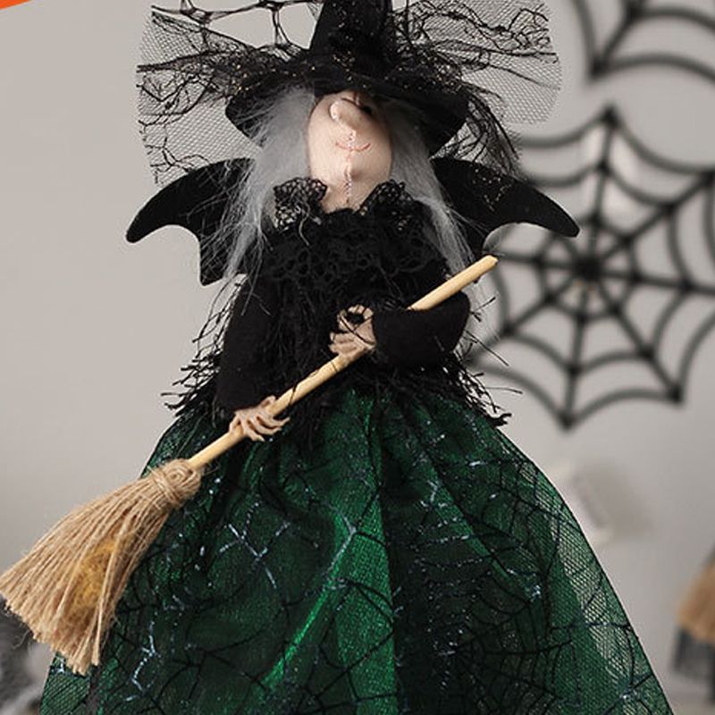 Halloween Decoration Witch Doll Dressed in Gauzy Skirt with Besom Desktop Decor Ornaments for Party Props Green