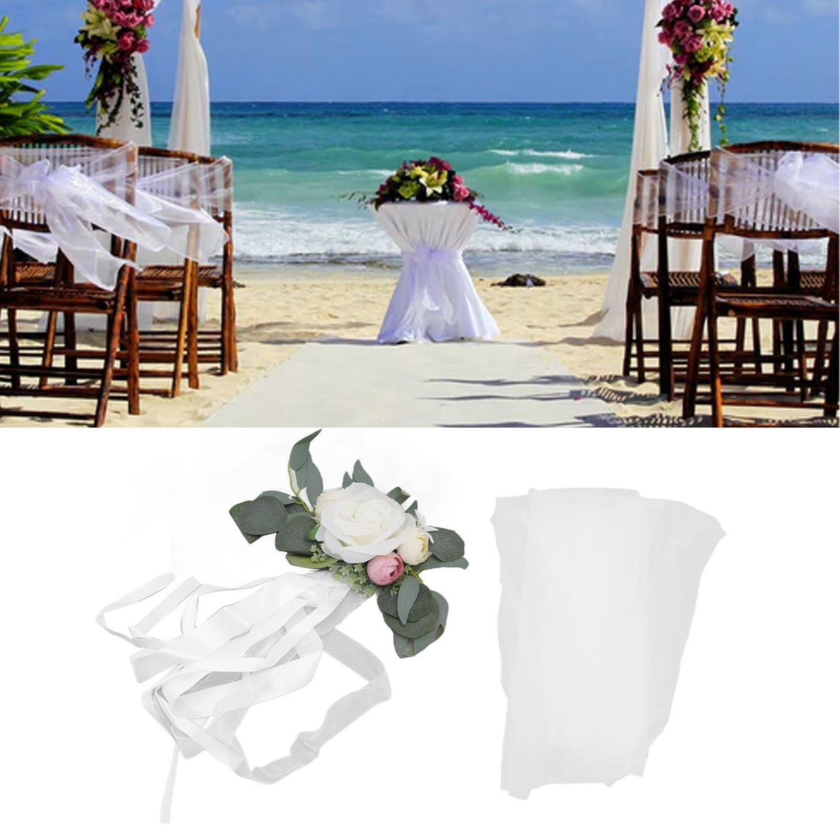 Chair Back Flower Simple Style Attractive Decorative Vivid Beautiful Artificial Flowers with Ribbons for Wedding Decoration White