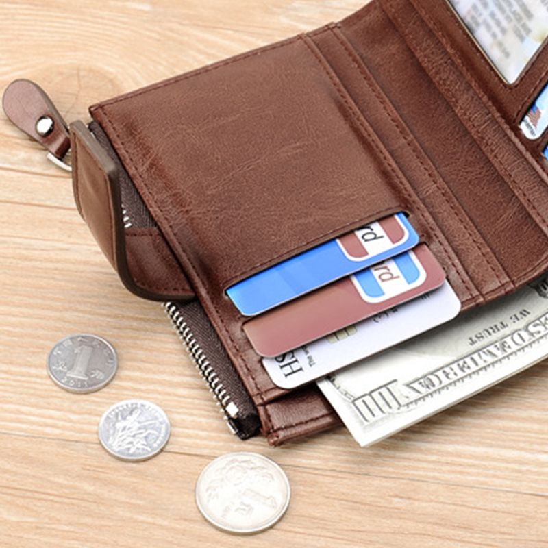 PU Leather Men Wallet Zipper No Degaussing Multi Screens Vertical Vintage Male Wallet for Travelling Working Brown