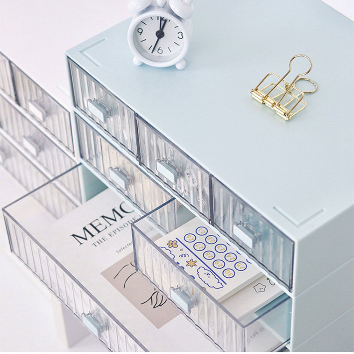 Desktop Drawer Organizer Waterproof Dustproof Plastic DIY Combination Multi Layer Stackable Drawer Storage Case Striped Blue 3 Drawers