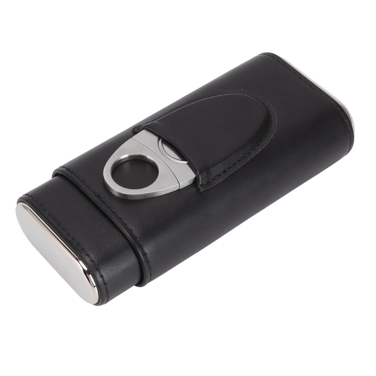 3 Finger Cigar Case Iron Cover Portable Soft Glossy Leather Cigar Holder Case with Cutter for Travel Black