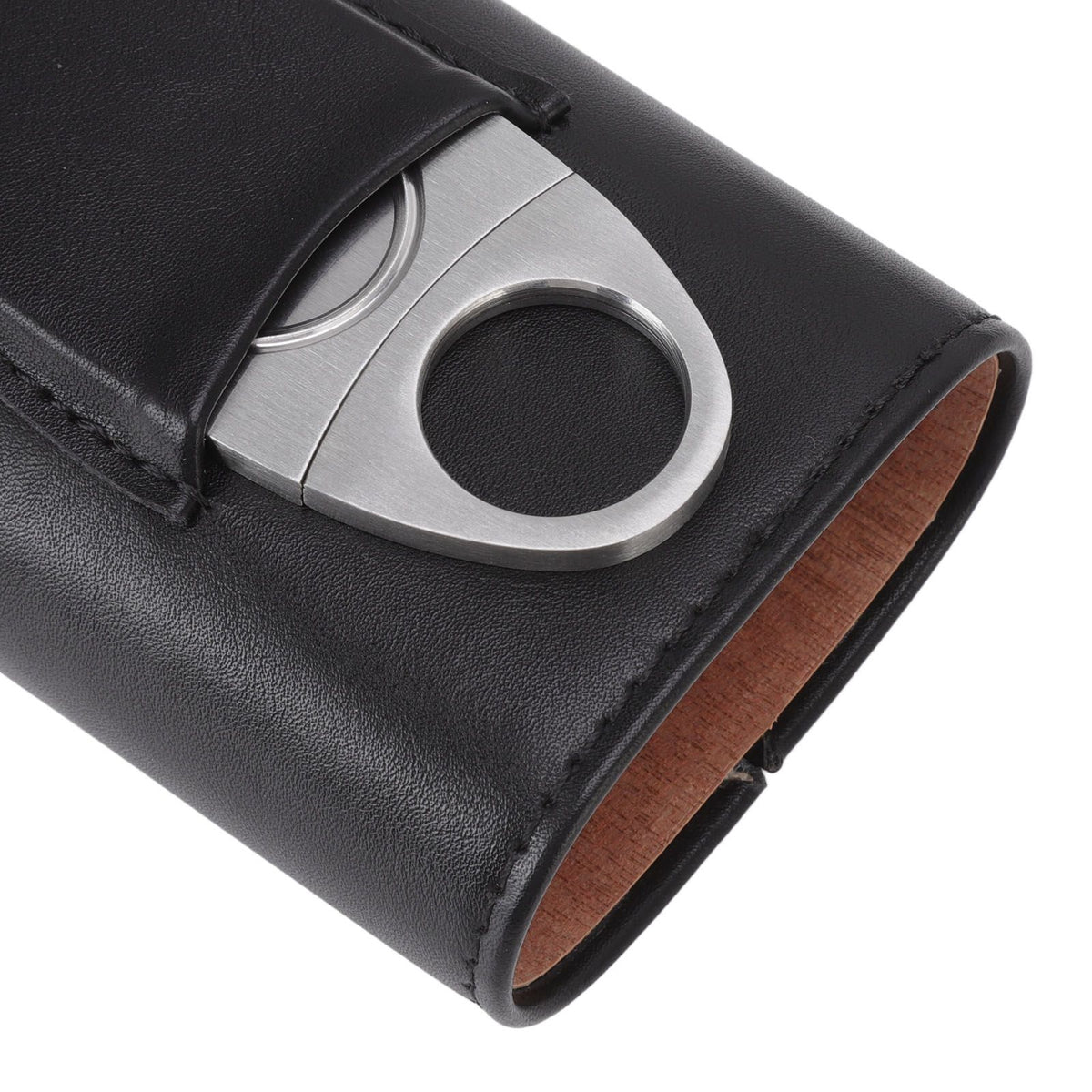 3 Finger Cigar Case Iron Cover Portable Soft Glossy Leather Cigar Holder Case with Cutter for Travel Black