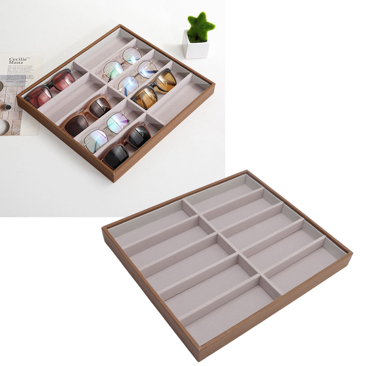 Sunglasses Display Tray PU Wood Grain Sunglasses Storage Case for Home Glasses Store 10 Grids