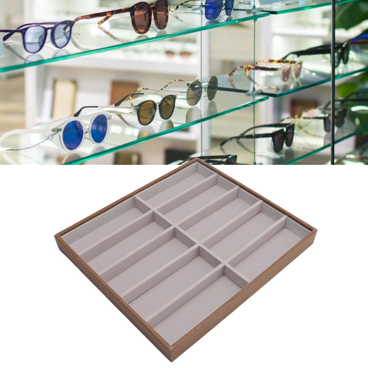 Sunglasses Display Tray PU Wood Grain Sunglasses Storage Case for Home Glasses Store 10 Grids
