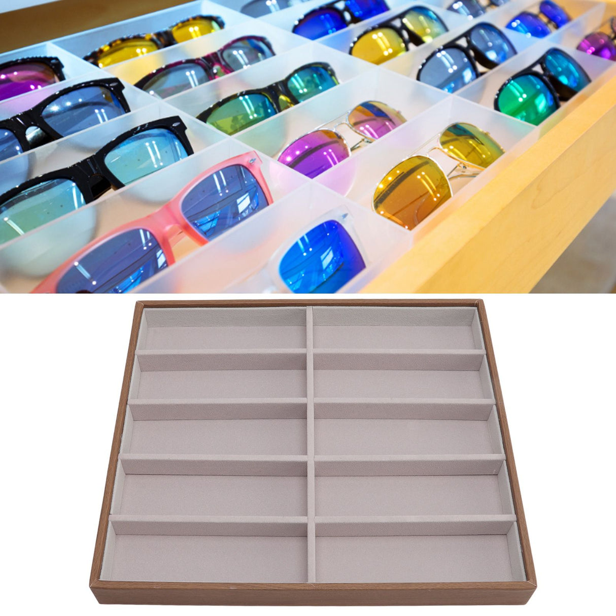 Sunglasses Display Tray PU Wood Grain Sunglasses Storage Case for Home Glasses Store 10 Grids