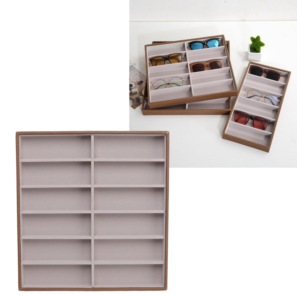 Sunglasses Display Tray PU Wood Grain Sunglasses Storage Case for Home Glasses Store 12 Grids