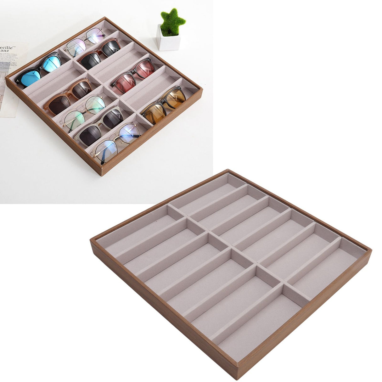 Sunglasses Display Tray PU Wood Grain Sunglasses Storage Case for Home Glasses Store 12 Grids