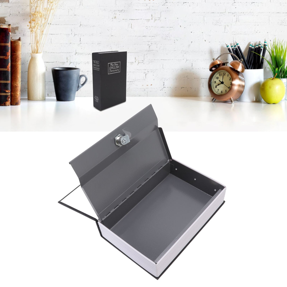Dictionary Coin Piggy Bank Stainless Steel Realistic Lockable Book Safe Box with Key for Coin Storage Black