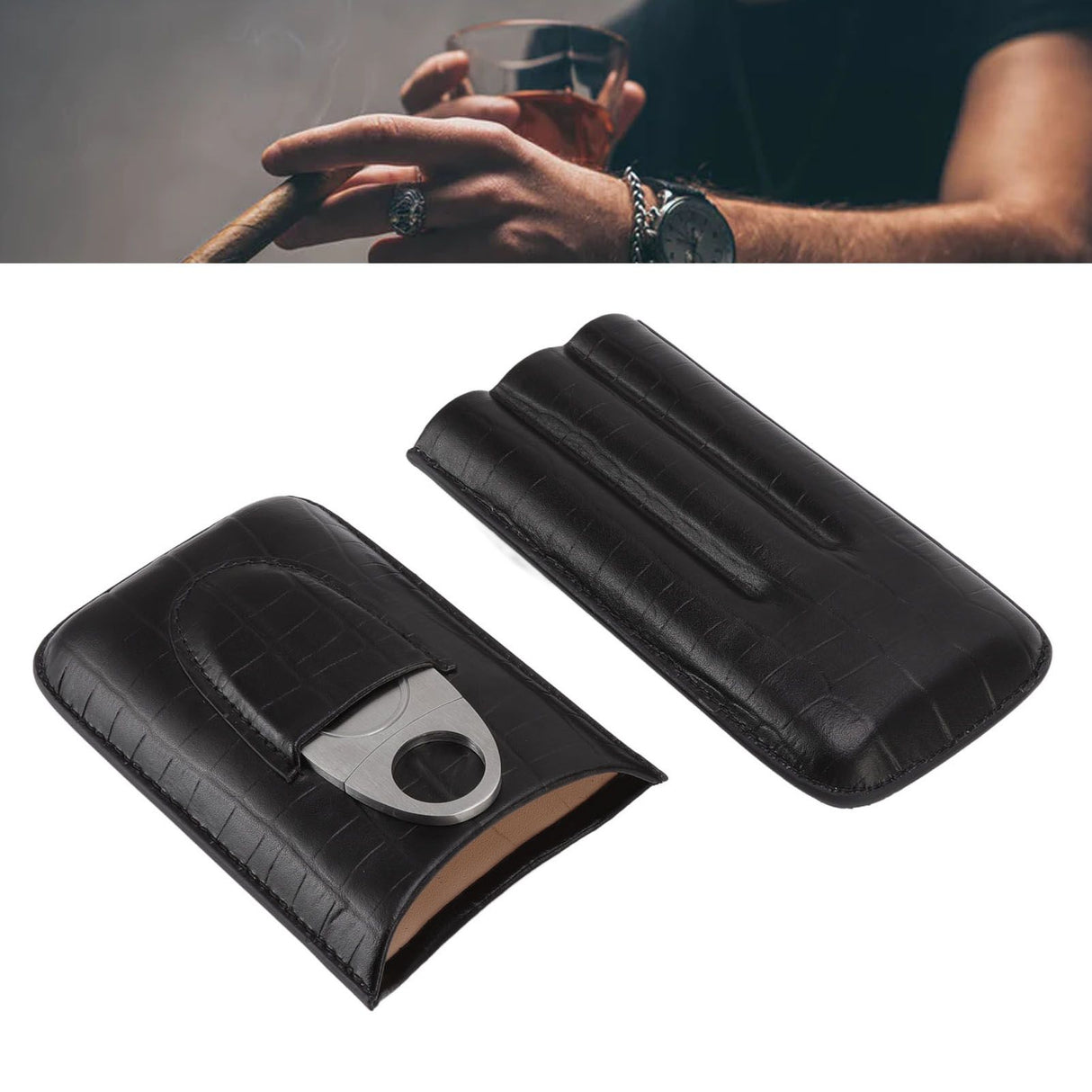 Cigar Leather Case Travel Portable 3pcs Cigar Holder Cigar Humidor with Cutter Set Black with Bamboo Joint Pattern