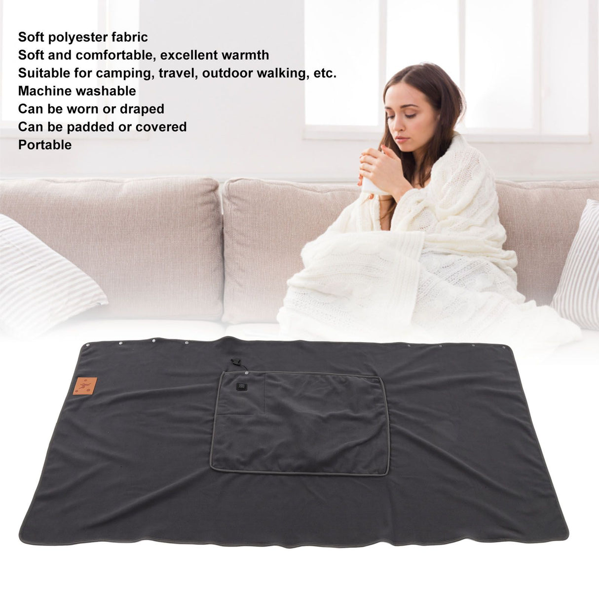 USB Warm Shawl 3 Level Temperature Adjustment Electric Throw Blanket for Shoulder Neck Legs Waist Grey