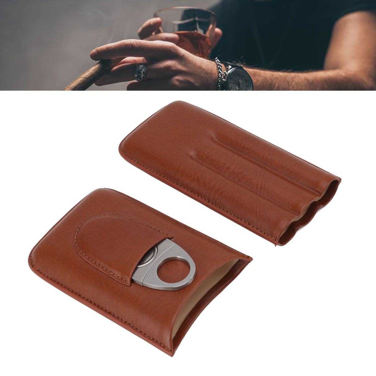 Portable Cigar Leather Case High Grade Leather Travel Portable Cigar Travel Bag Holder with Scissor Brown