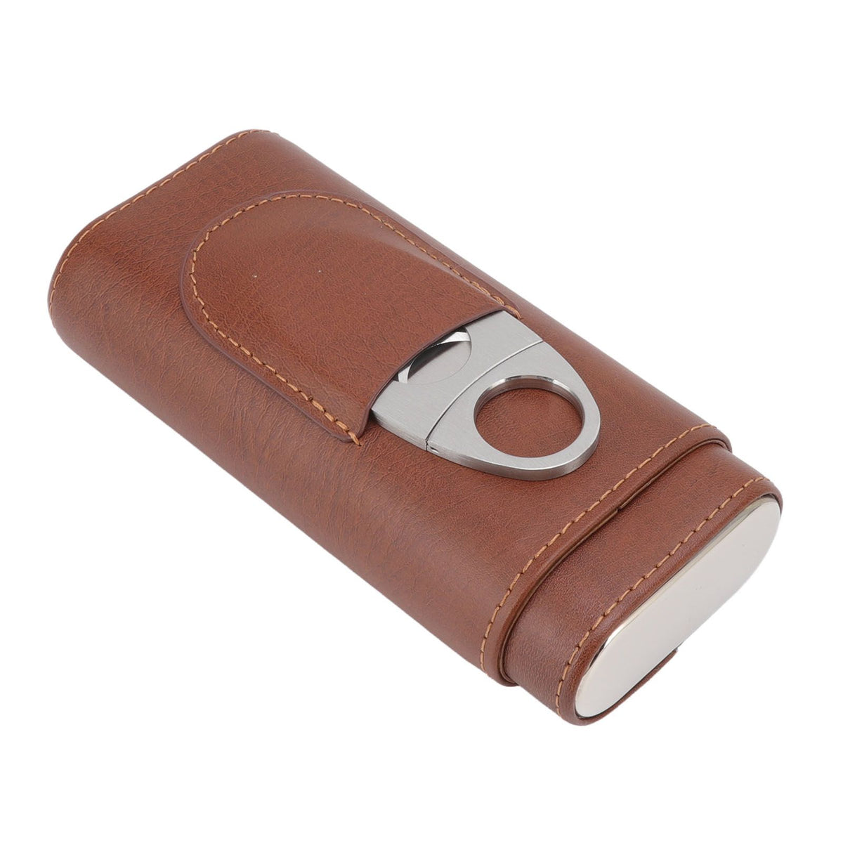 3 Finger Cigar Case Leather Cedarwood Lining Travel Portable Cigar Holder with Scissor Brown