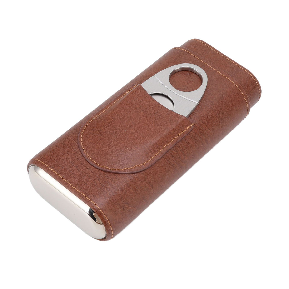 3 Finger Cigar Case Leather Cedarwood Lining Travel Portable Cigar Holder with Scissor Brown