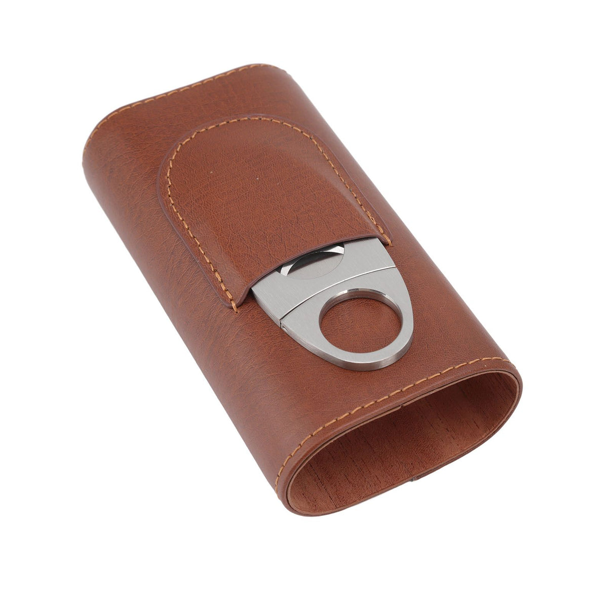 3 Finger Cigar Case Leather Cedarwood Lining Travel Portable Cigar Holder with Scissor Brown