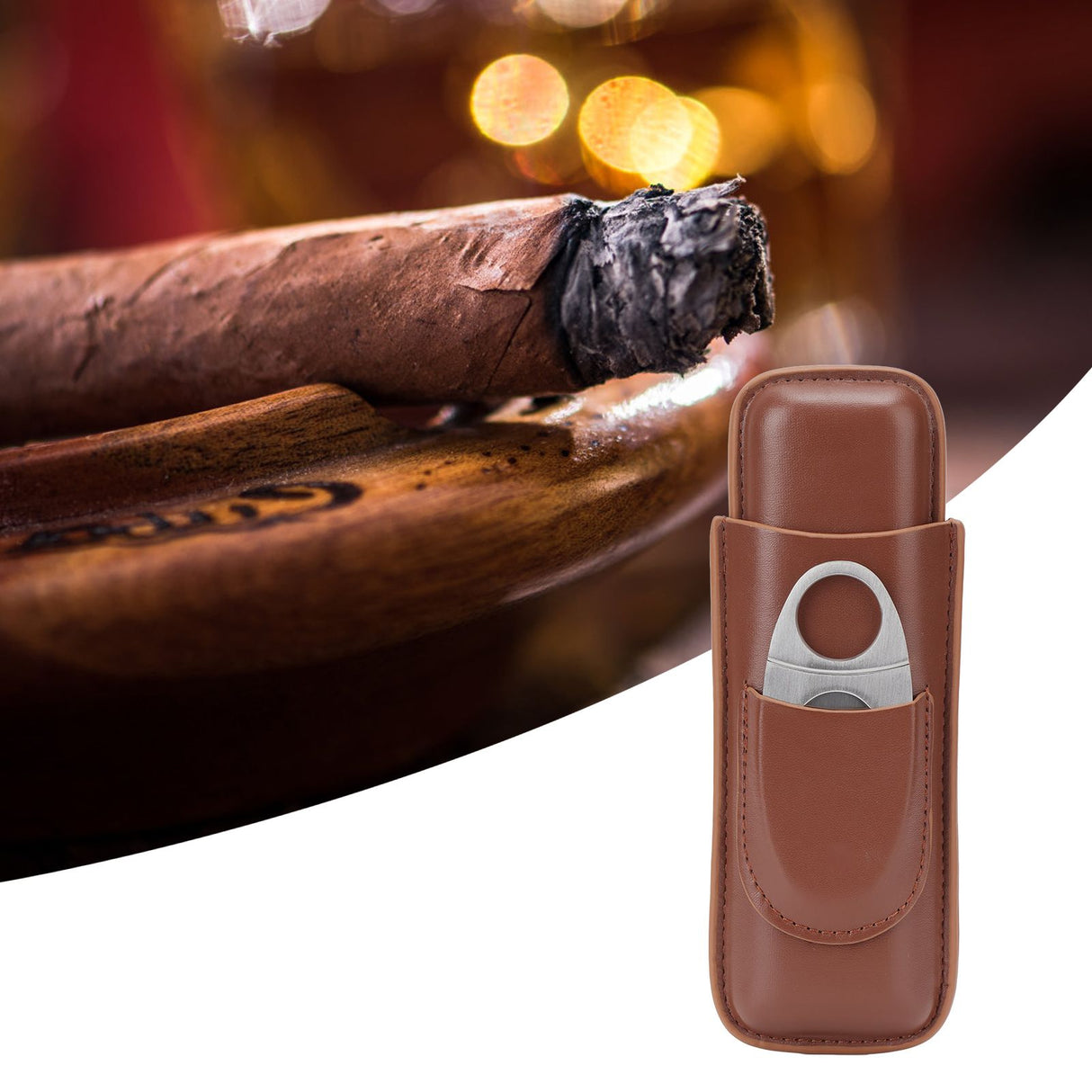 Travel Cigar Case Leather Portable with Cigar Clipper Cigar Holder for 2 Cigars Business Office