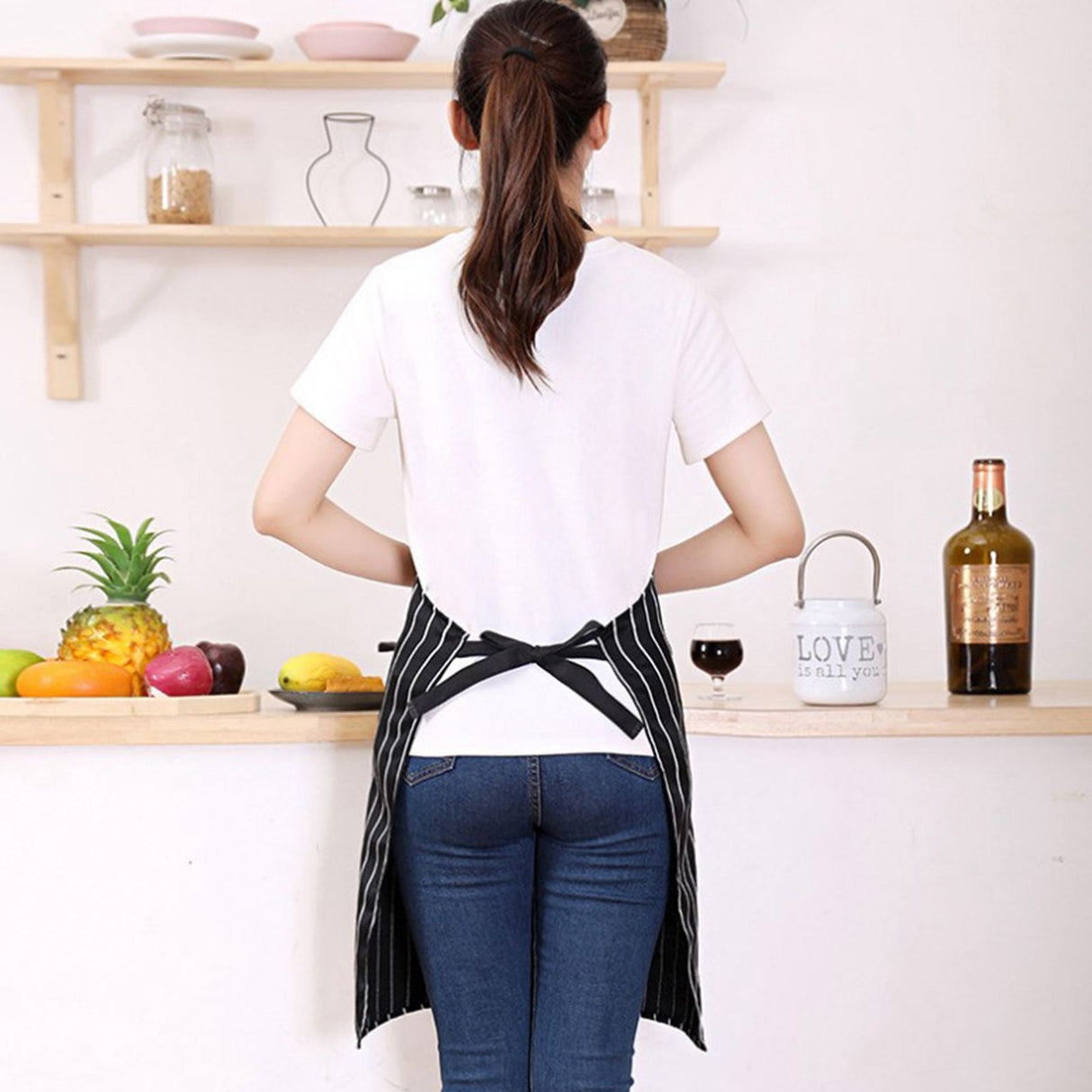 2 Pcs Kitchen Cooking Apron with 2 Pockets Adjustable Bib Chef Apron for Men Women Black Strip