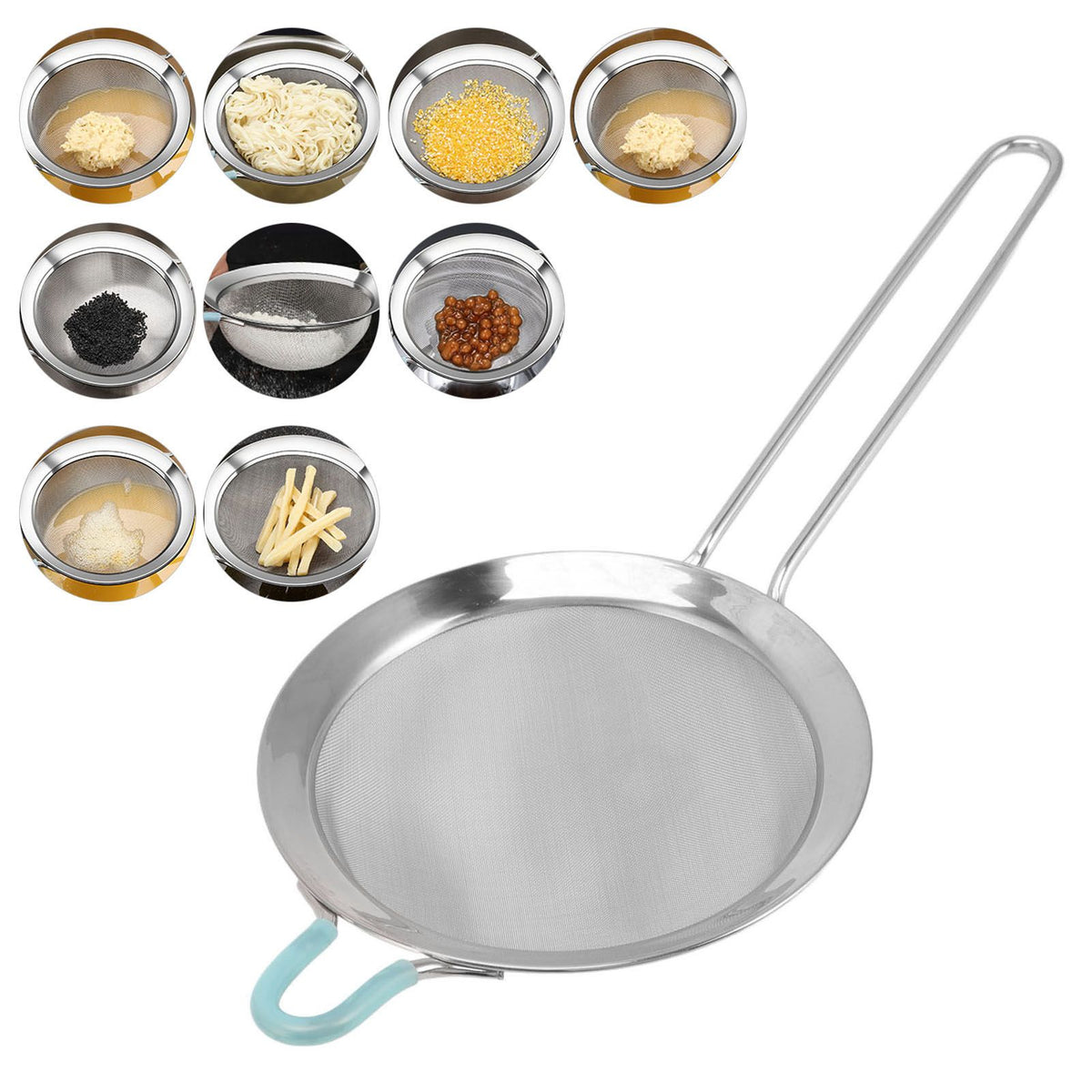 60 Mesh Fine Strainer Stainless Steel Handheld Flour Colander with Long Handle for Kitchen 20cm/7.9in