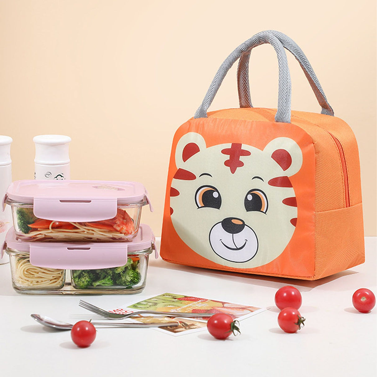 Lunch Bag Cute Cartoon Animal Pattern Waterproof Large Capacity Portable Thermal Insulation Lunch Box Bag for Women Men Tiger