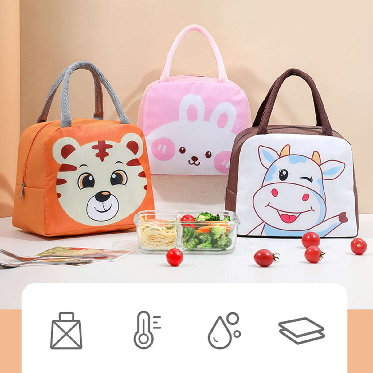 Lunch Bag Cute Cartoon Animal Pattern Waterproof Large Capacity Portable Thermal Insulation Lunch Box Bag for Women Men Tiger