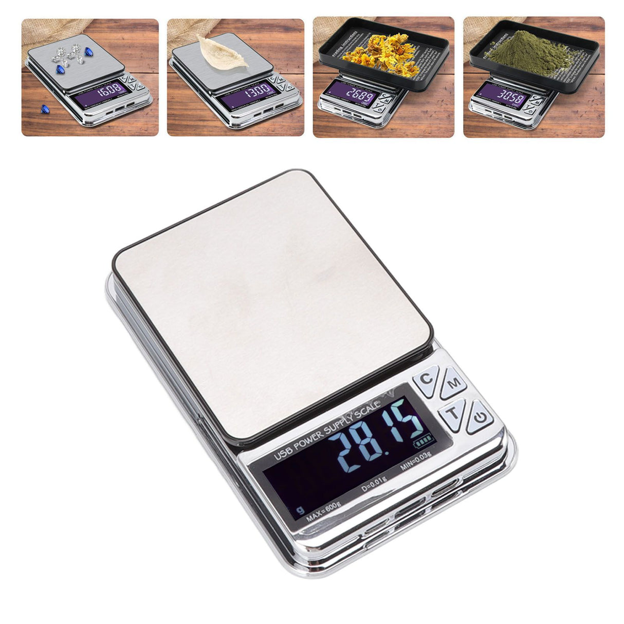 High Accuracy Digital Scale 600/0.01g LCD Display Waterproof USB Charging Electronic Scale for Kitchen Jewelry