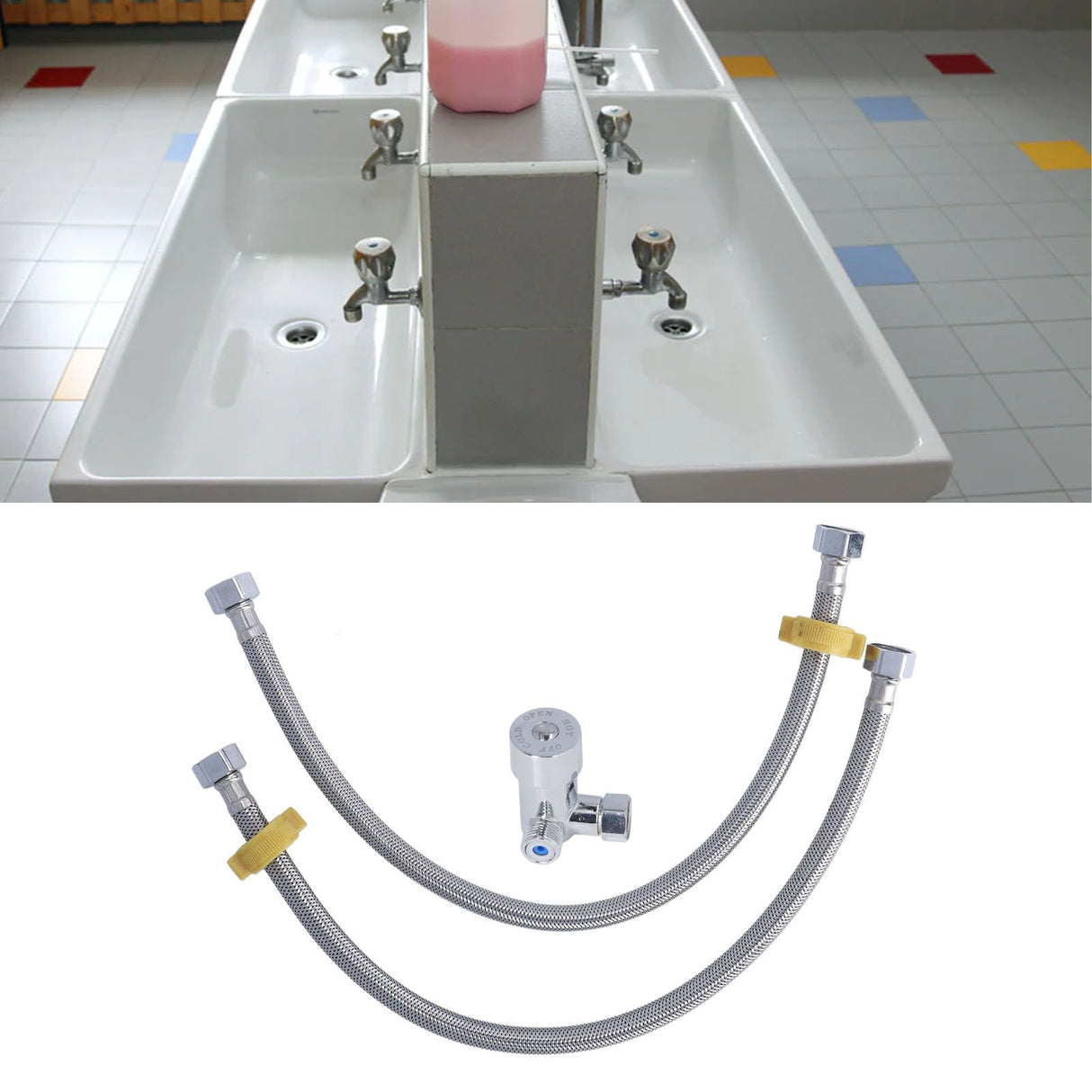 G1/2 Thread Thermostatic Mixer Valve Stainless Steel Hot Cold Water Mixing Tempered Valve with Dual Hoses for Pedal Control Tap