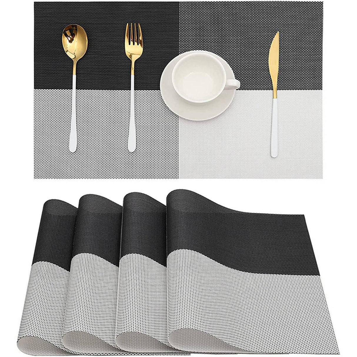 8pcs Placemats Easy Cleaning PVC Material Waterproof Black White Plaid Pattern Dining Placemats for Hotel