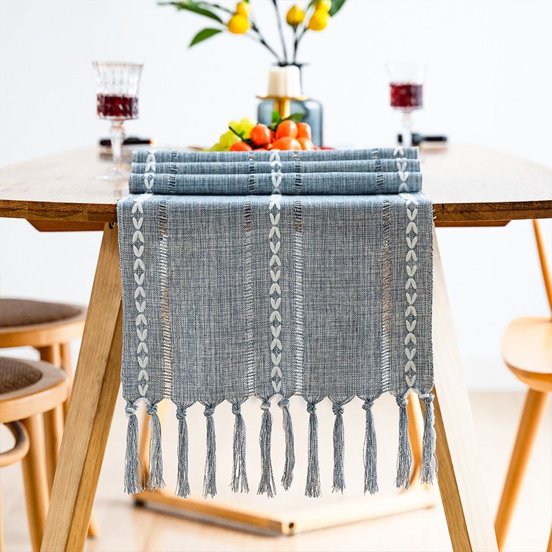 Retro Table Runner Elegant Hand Woven Cotton Linen Dining Table Runner with Tassels for Wedding Home Cross Blue