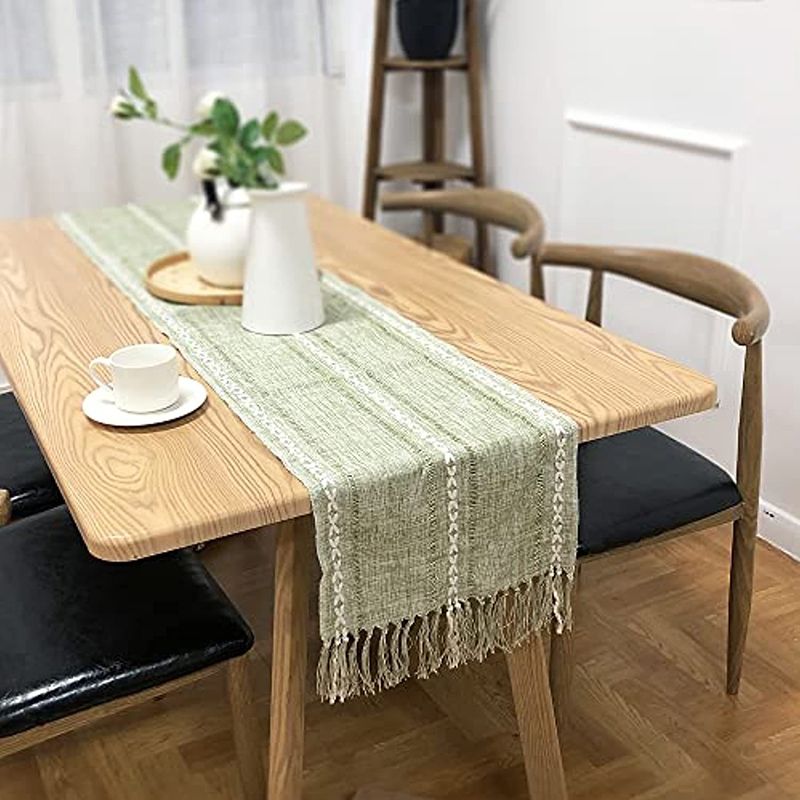 Retro Table Runner Elegant Hand Woven Cotton Linen Dining Table Runner with Tassels for Wedding Home Cross Green