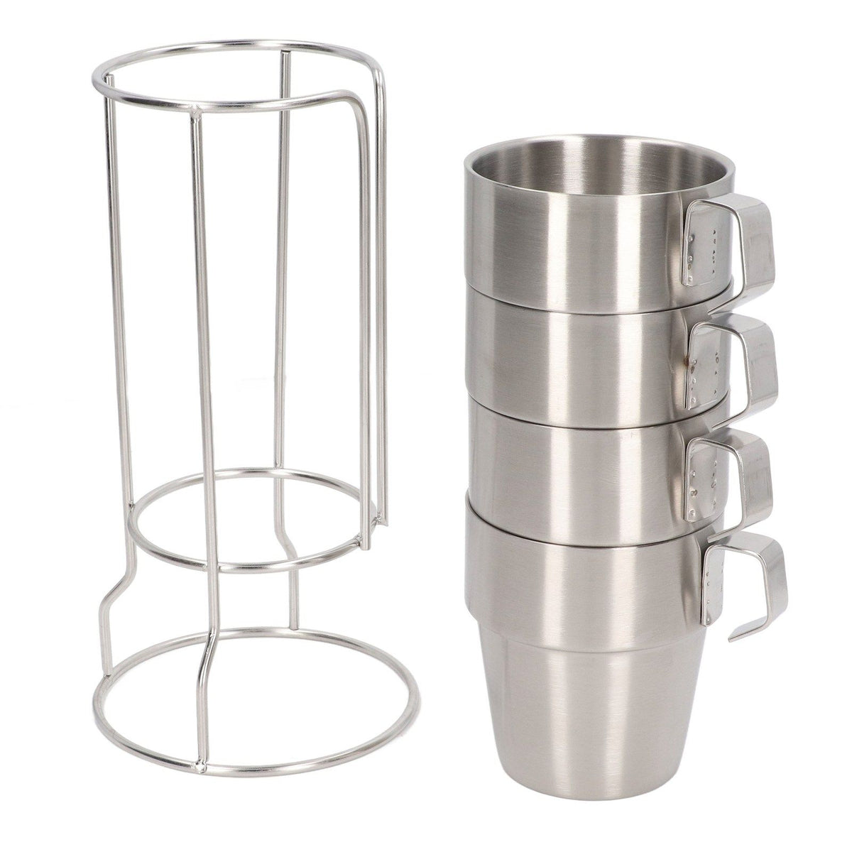 Stainless Steel Camping Cup Set of 4 Double Layer Coffee Mugs with Stand Holder Stackable Outdoor Cups for Picnic