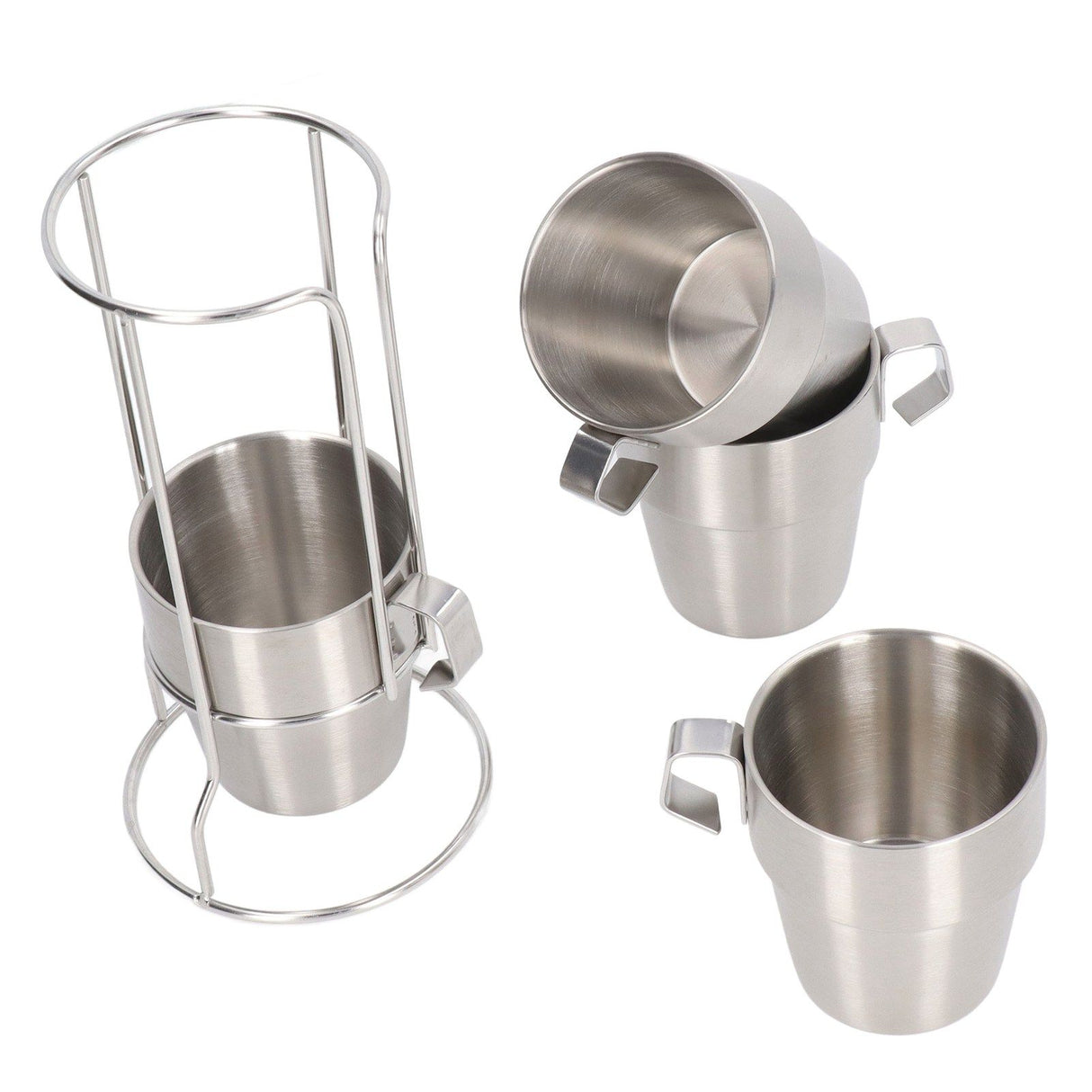 Stainless Steel Camping Cup Set of 4 Double Layer Coffee Mugs with Stand Holder Stackable Outdoor Cups for Picnic