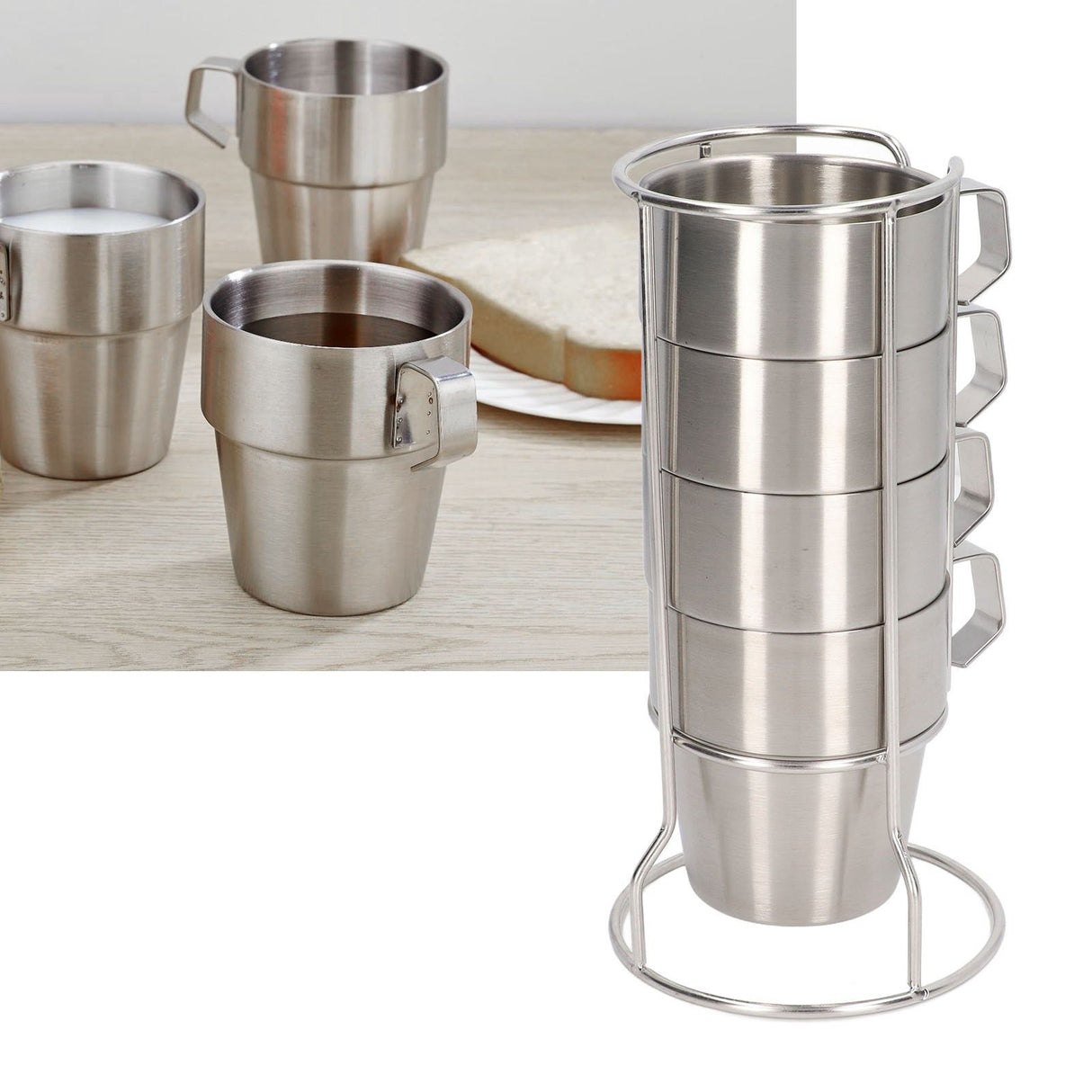 Stainless Steel Camping Cup Set of 4 Double Layer Coffee Mugs with Stand Holder Stackable Outdoor Cups for Picnic