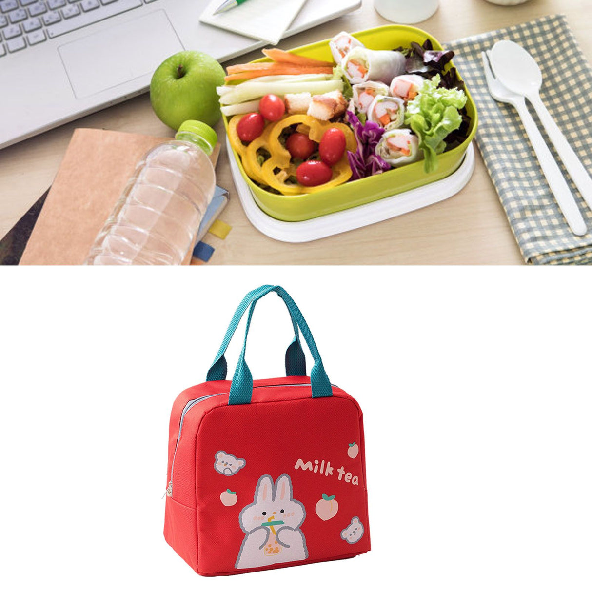 Lunch Bag Cartoon Style Zipper Widened Handle Oxford Cloth Aluminum Film Portable Lunchbox Bag for Student Red