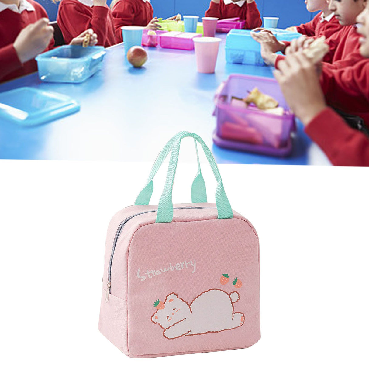 Lunch Bag Cartoon Style Zipper Widened Handle Oxford Cloth Aluminum Film Portable Lunchbox Bag for Student Pink