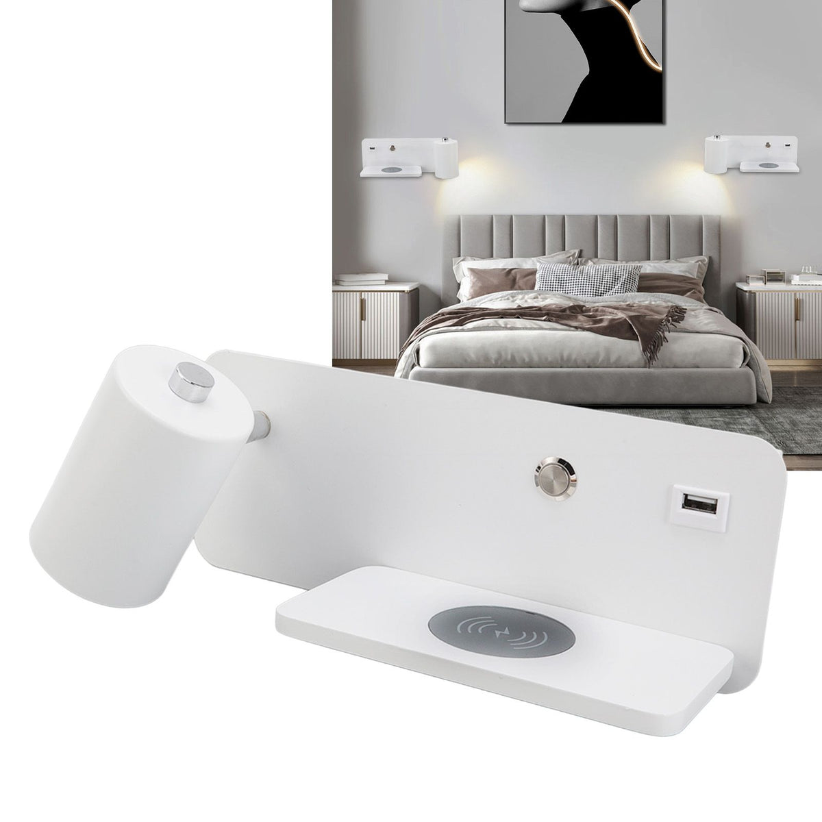 LED Wall Light USB Interface Wireless Charging LED Wall Lamp for Living Room Bedroom 85‑265V White Left